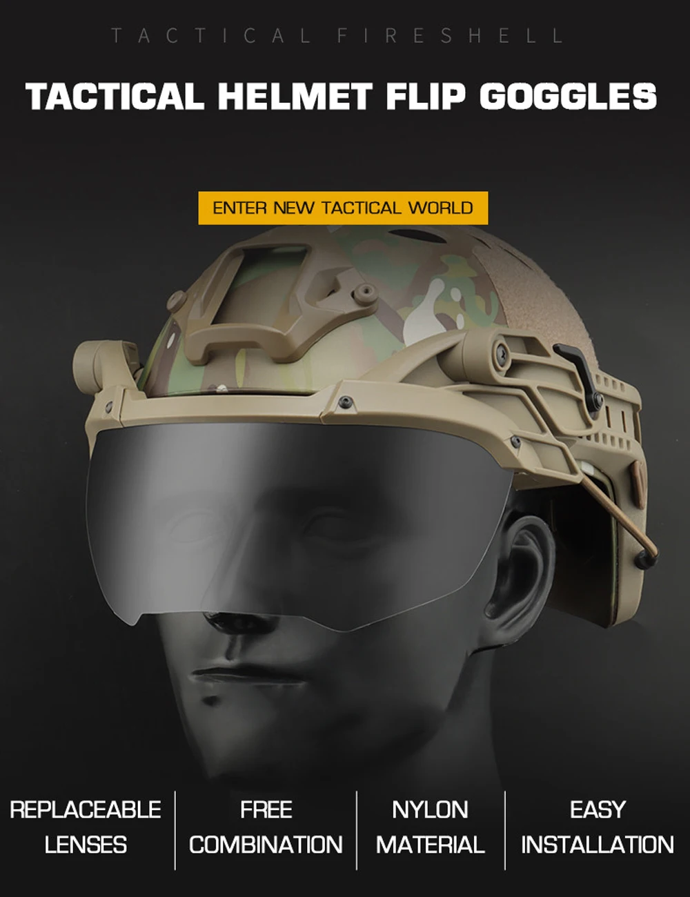 Casco táctico OPS con gafas abatibles – vista frontal