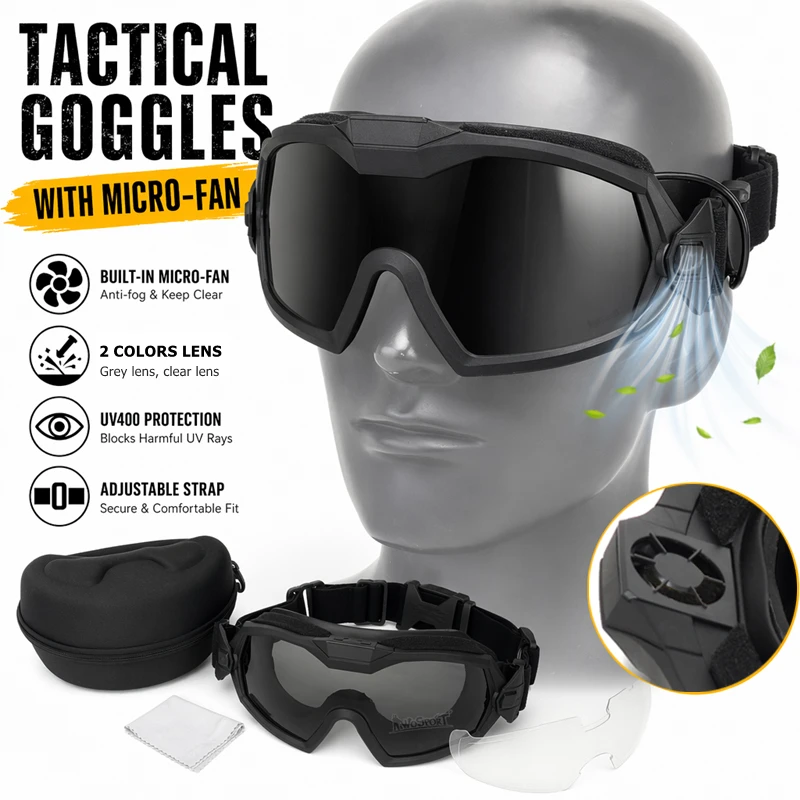 CS Gafas tácticas antivaho con microventilador, a prueba de polvo