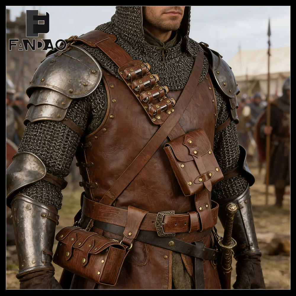 Cinturón táctico de cuero medieval con riñonera retro y bolsillos - imagen 4