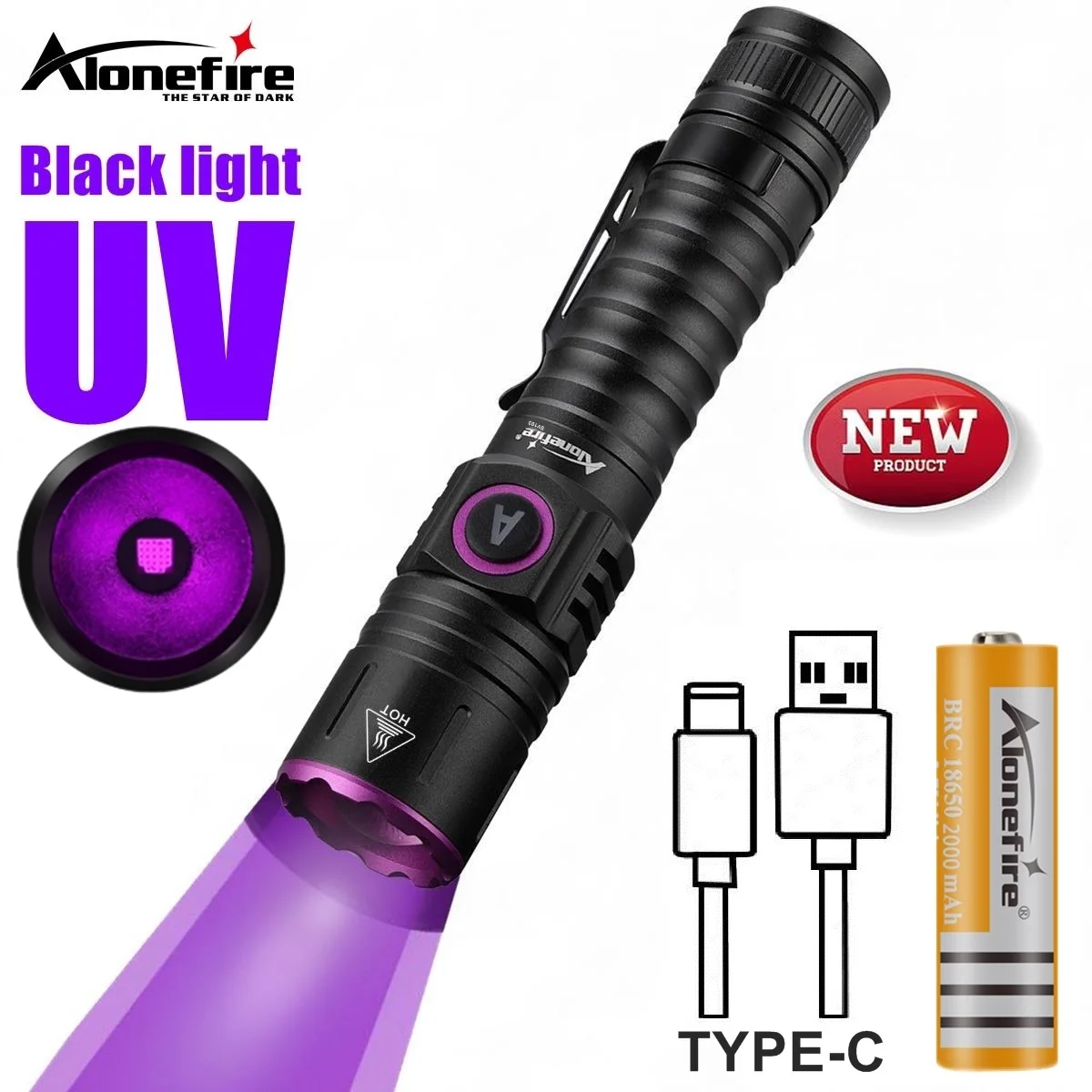 Linterna UV 365nm Recargable Luz Negra Detección Fluorescente - imagen 2