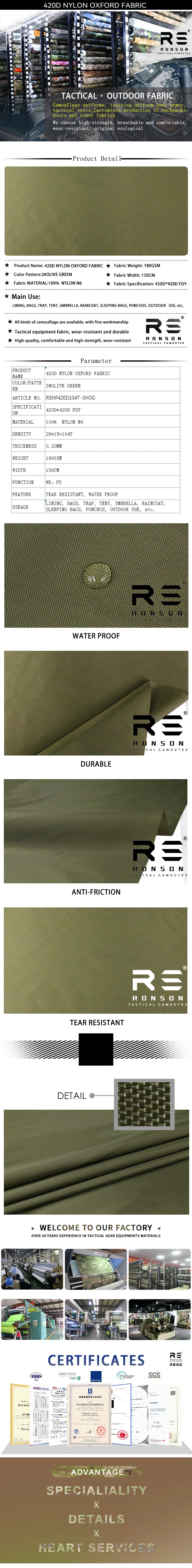 Tela Oxford de nailon 420D verde oliva con revestimiento PU impermeable