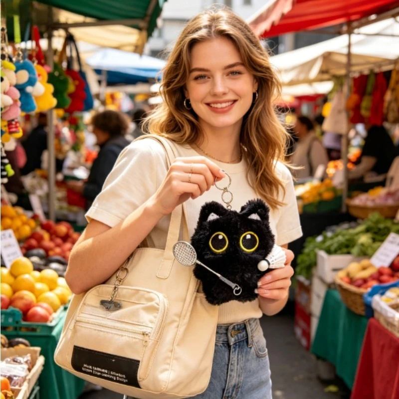 Colgante peluche gato negro bádminton – Llavero amuleto bonito para bolso - imagen 5