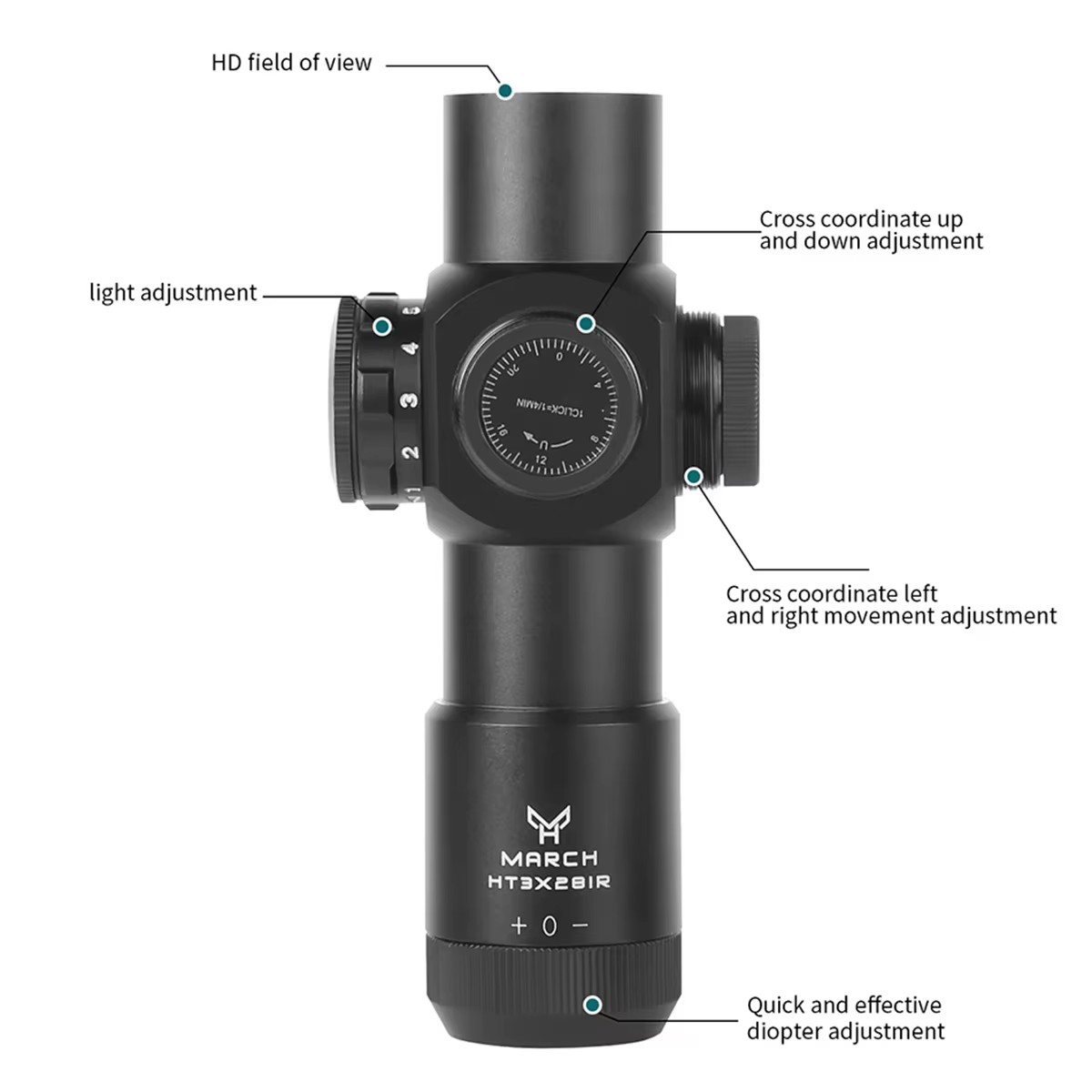 Mira telescópica táctica HT 3X28IR IR ajustable para airsoft y tiro - imagen 5