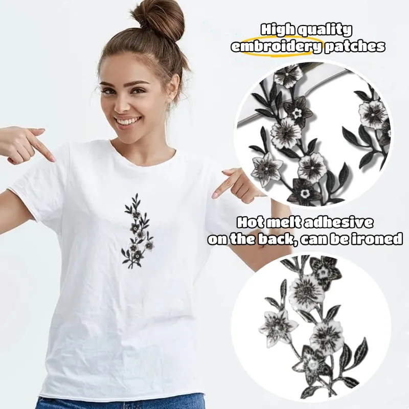 Parche termoadhesivo bordado flores bicolor blanco-negro para gorras - imagen 2