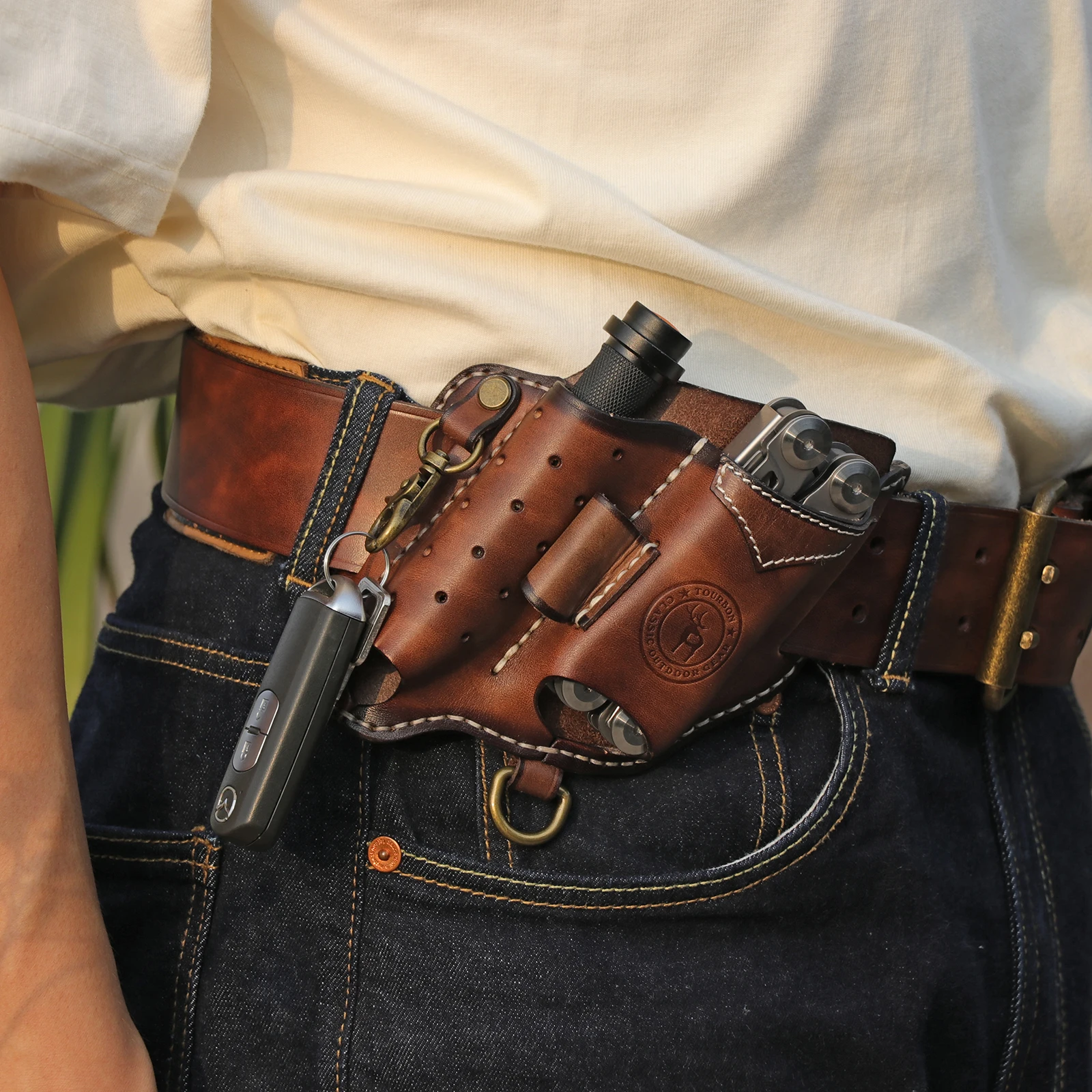 Tourbon cuchillo plegable EDC de cuero con funda y soporte linterna - imagen 5