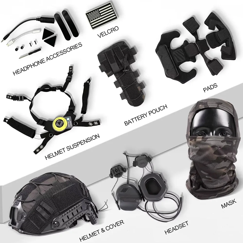 Conjunto de casco táctico para airsoft con pasamontañas y auriculares - imagen 2