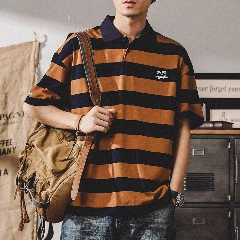 Polo táctico de golf a rayas para hombre, manga corta vintage - imagen 4
