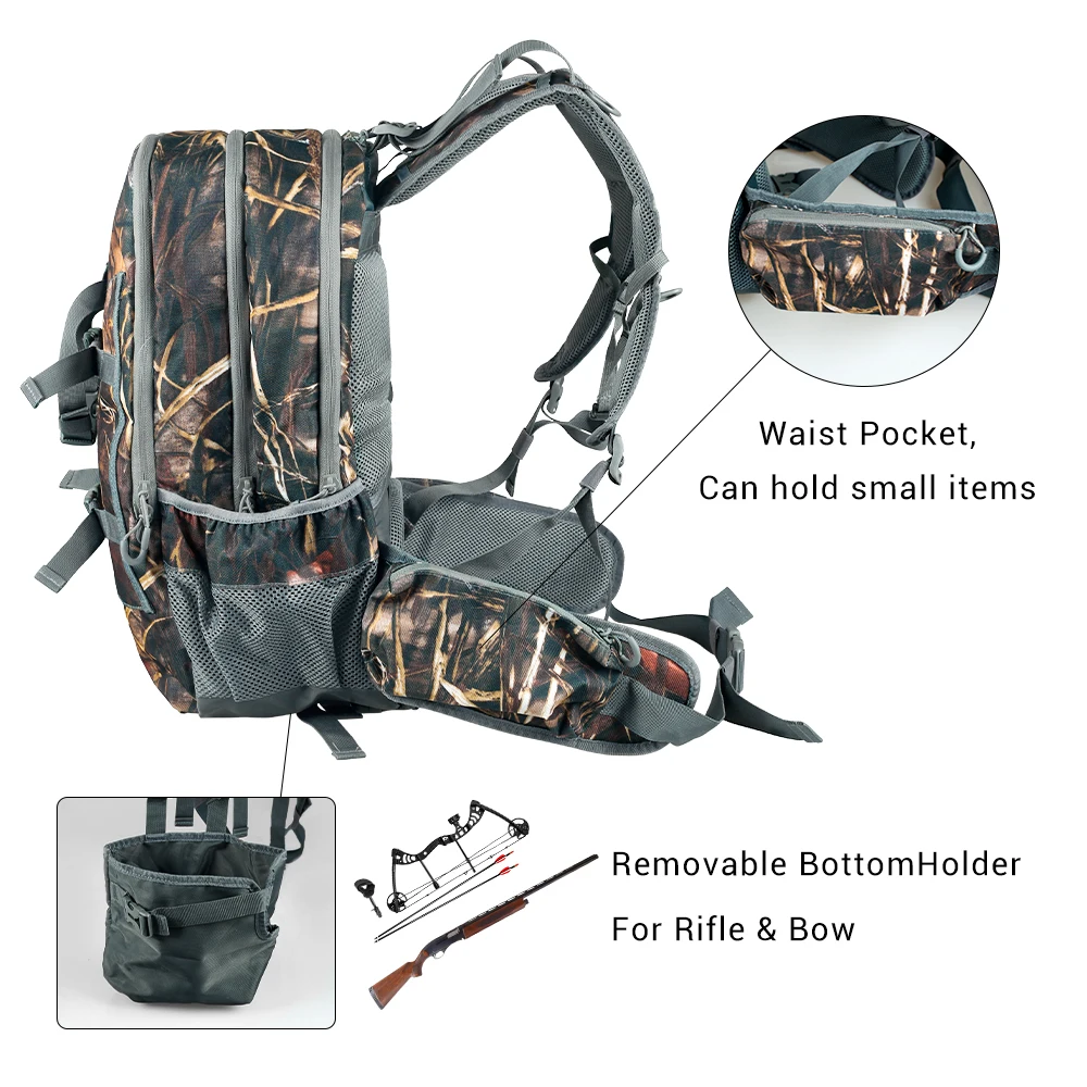Mochila de caza 40L con soporte para rifle - Camuflaje impermeable