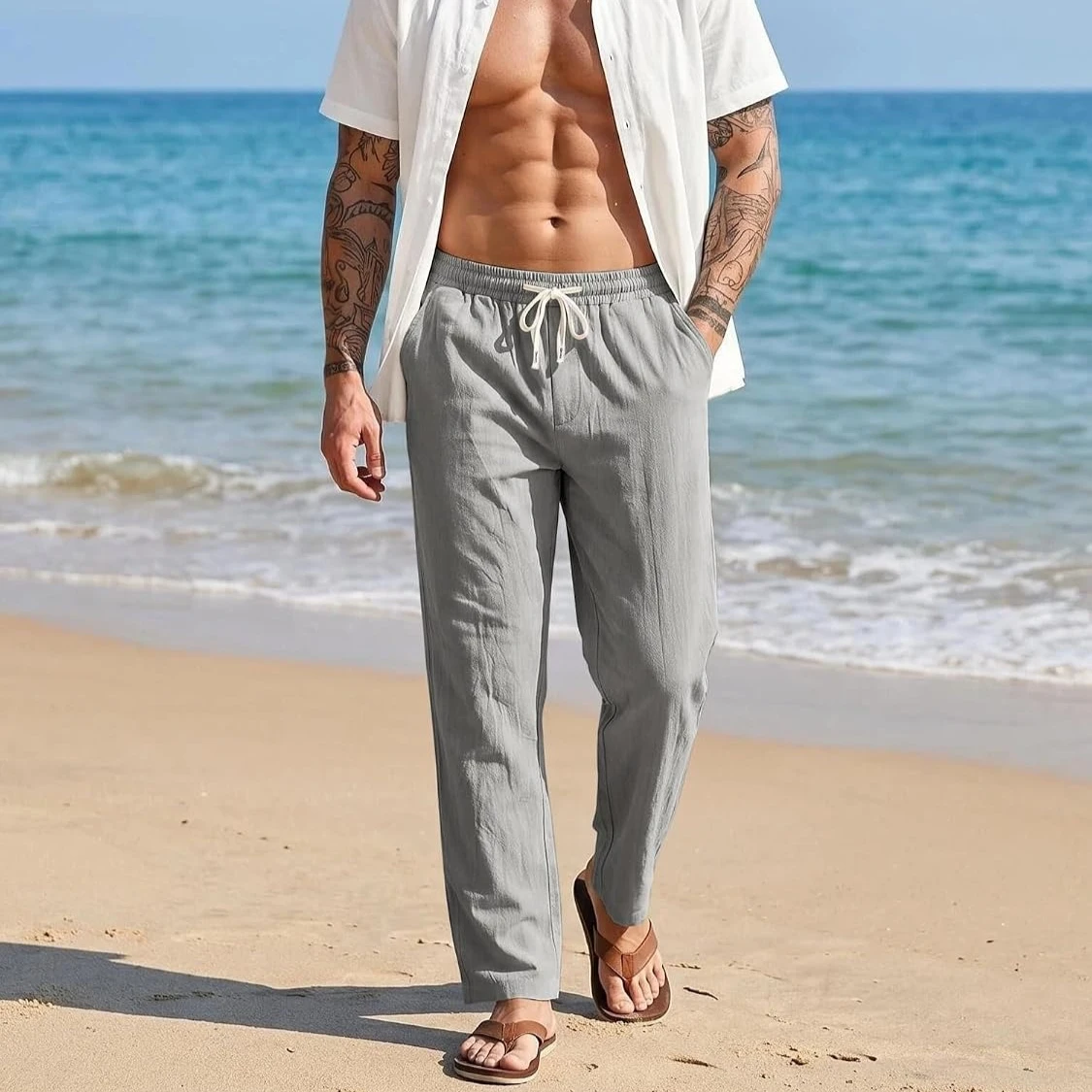 Pantalón de lino para hombre, holgado y ligero con cordón - imagen 5