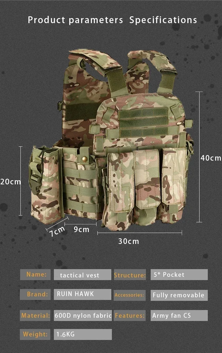 Vista lateral del chaleco táctico con accesorios MOLLE