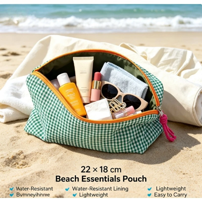 Bolsa de maquillaje de gran capacidad con diseño a cuadros