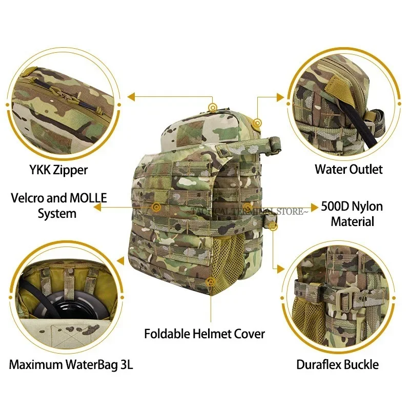 Chaleco táctico portaplacas MOLLE Airsoft con bolsa casco hidratación