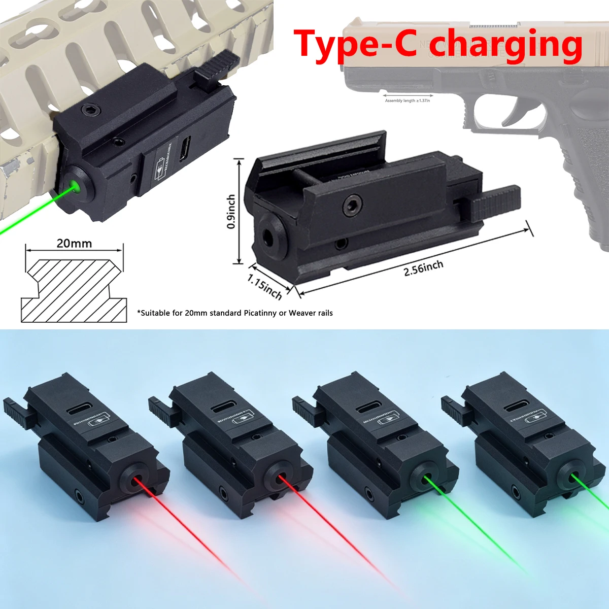 Láser táctico USB recargable rail Picatinny Glock 17 19 verde-rojo caza - imagen 5