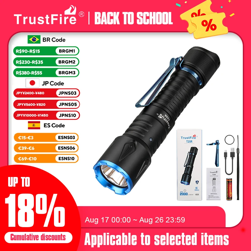 Linterna táctica Trustfire T25R 2000LM 350m con batería 18650