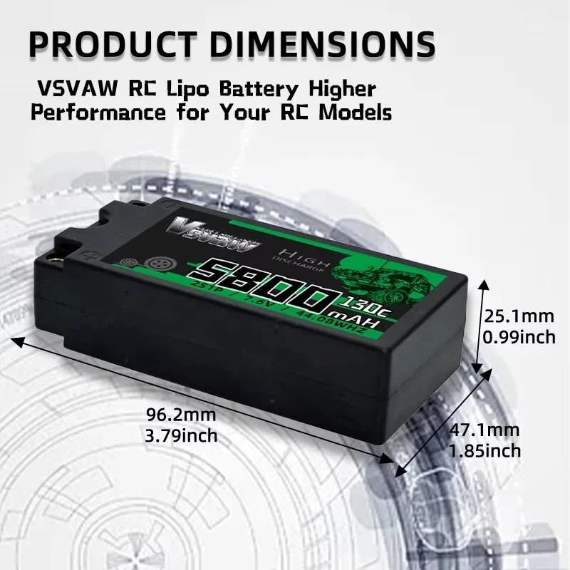 Vista frontal de la batería Lipo VSVAW 2S 7.6V TERFPV con conector XT60
