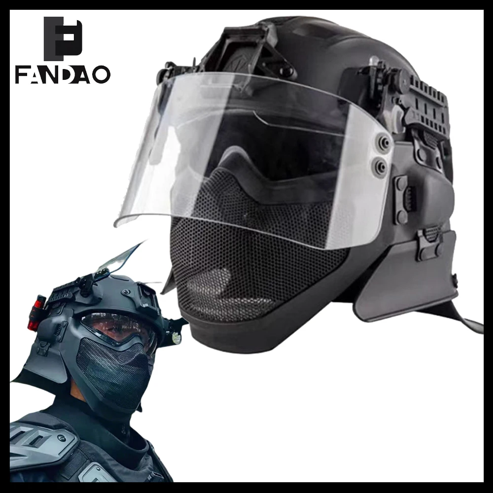 Casco táctico antidisturbios con gafas abatibles y máscara malla
