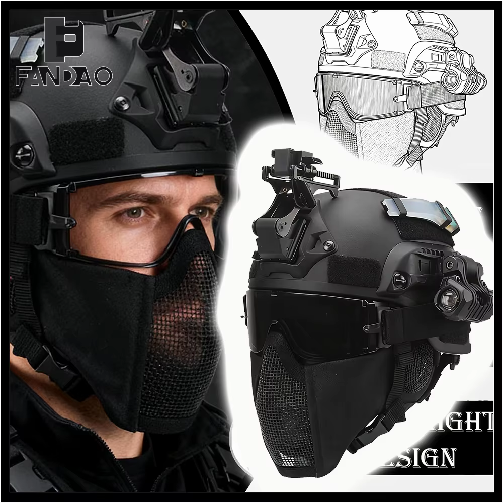 MICH casco táctico con malla metálica facial y linterna para airsoft