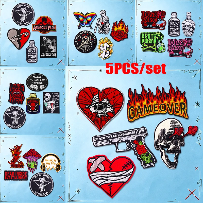 Parche termoadhesivo bordado punk Game Over: llamas, corazón y calavera - imagen 3