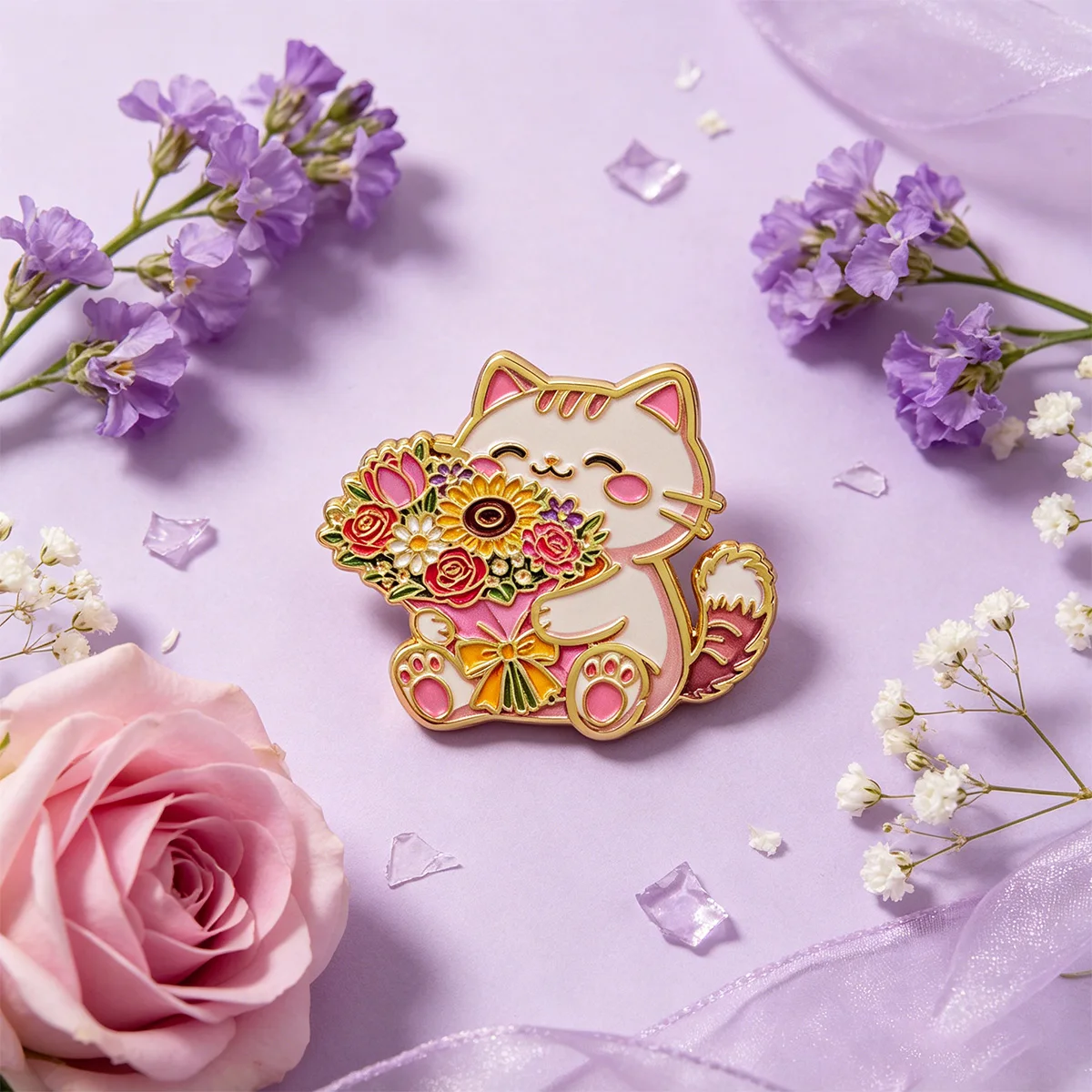 Pin esmaltado de gato y flor para mochila y sombrero - imagen 2