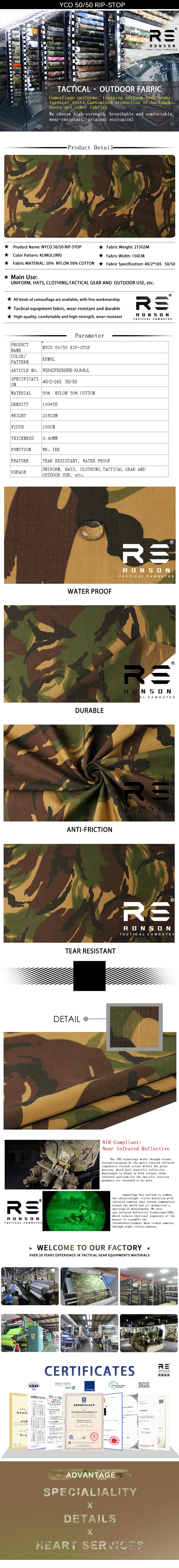 Detalle de la tela camuflaje Kumul estilo rip-stop