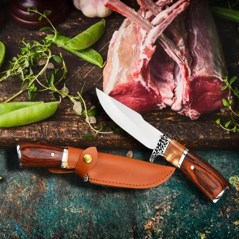 Cuchillo de caza deshuesar, mango madera colores para carne camping - imagen 5