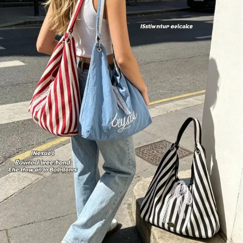 Bolso de lona de doble cara a rayas gran capacidad para mujer - imagen 3