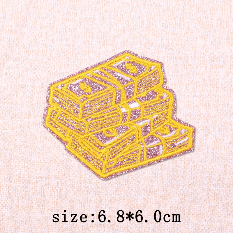 Parche termoadhesivo bordado tesoro dinero glitter oro para ropa - imagen 5