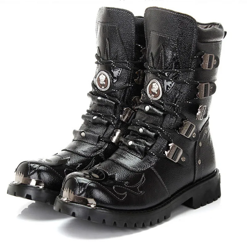 Botas de invierno cuero media caña biker negras calavera térmicas - imagen 3
