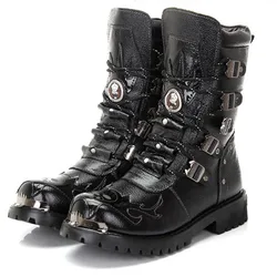 Botas de invierno cuero media caña biker negras calavera térmicas