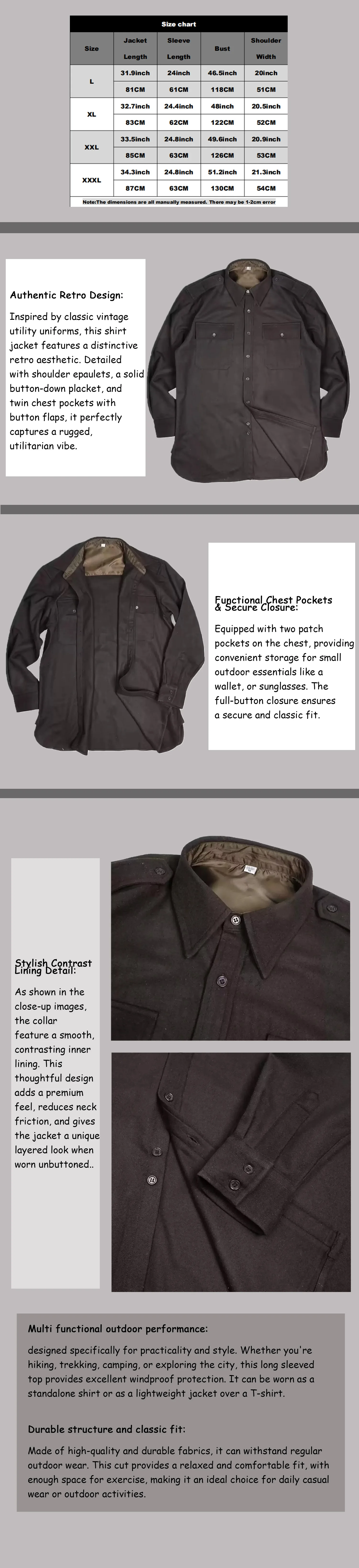 Vista frontal de la camisa gris negra para hombre de estilo militar