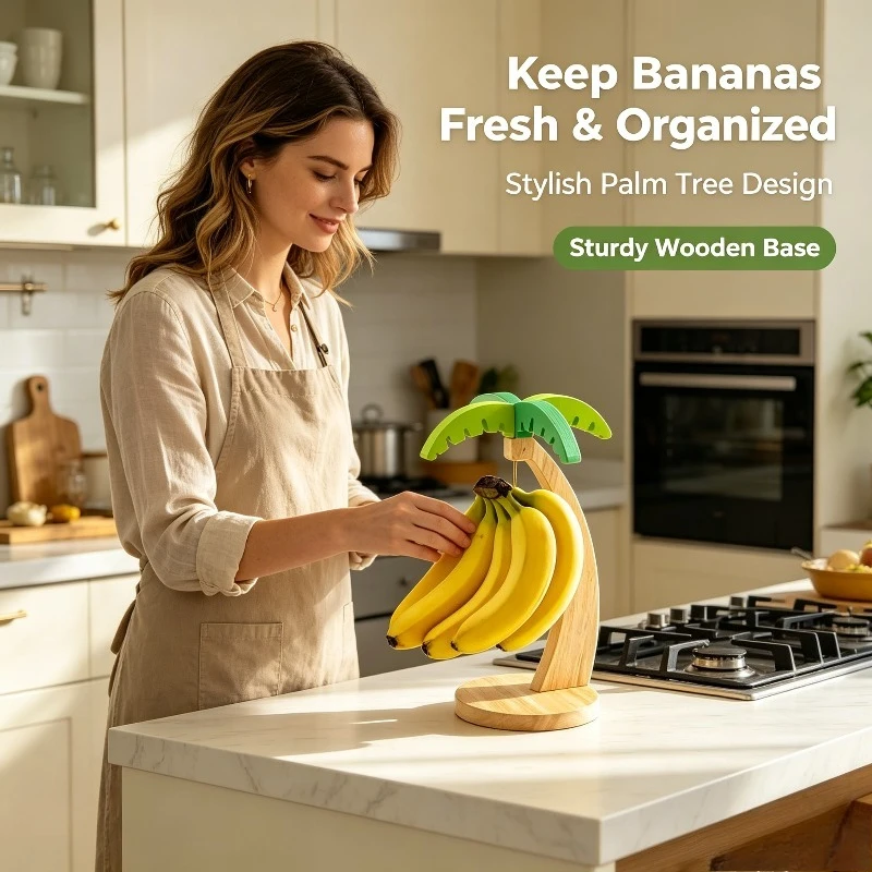 Soporte vertical de madera para frutas con hojas decorativas
