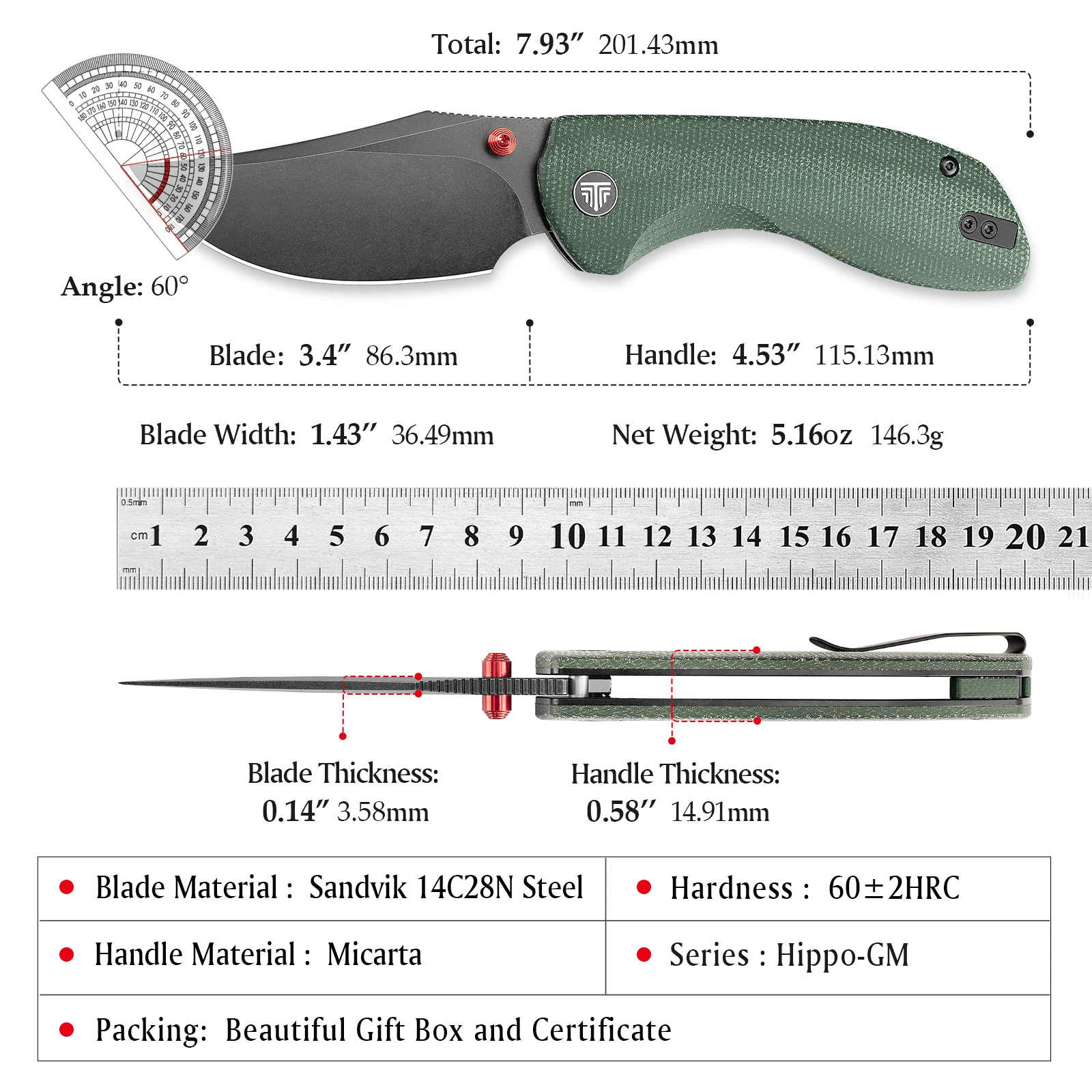 Cuchillo plegable TRIVISA Hippo-GM de acero 14C28N y Micarta - imagen 4