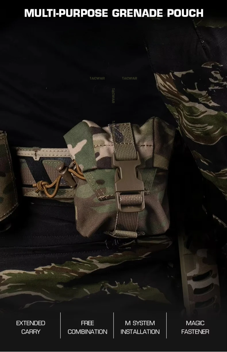 Vista frontal de la bolsa táctica Frag MOLLE con cierre ajustable