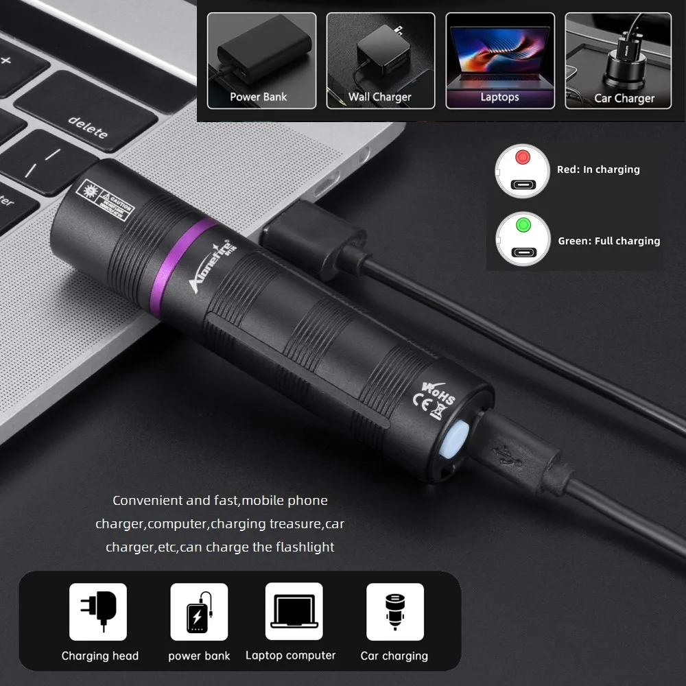 Linterna luz negra UV recargable USB para detección de fluidos