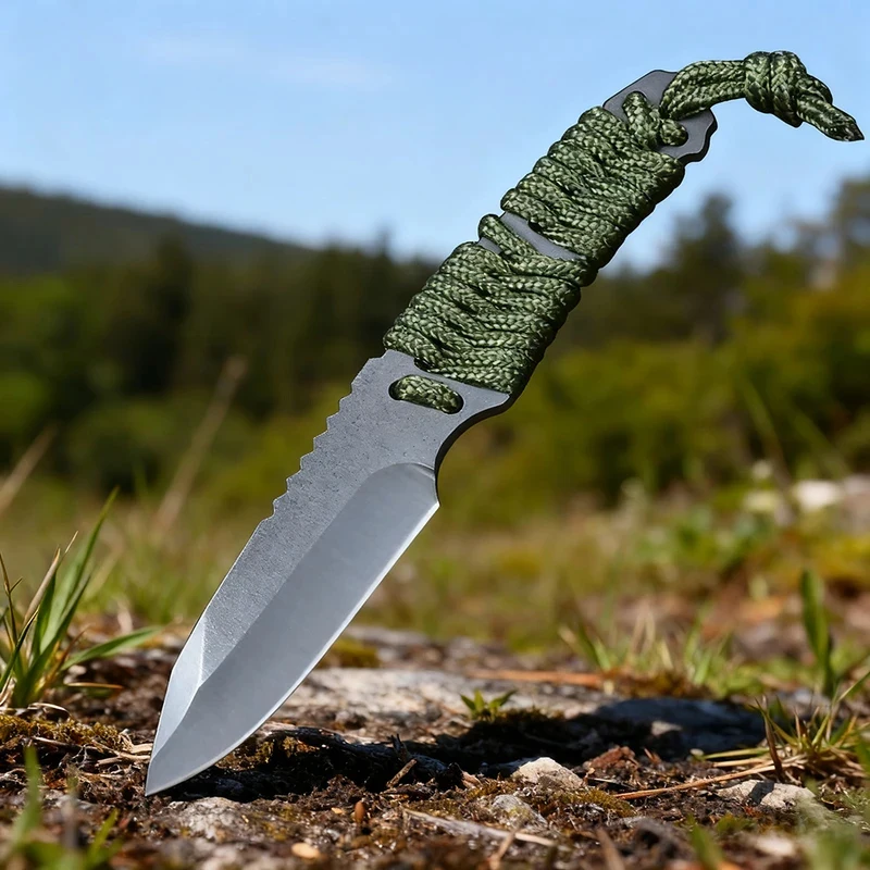 Cuchillo EDC hoja recta acero 8Cr13MoV mango cordón nailon outdoor