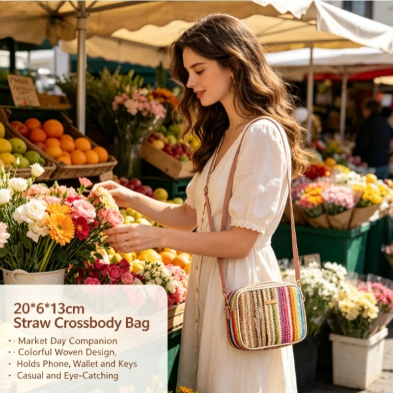 Bolso bandolera de paja multicolor tejido étnico estilo literario - imagen 5