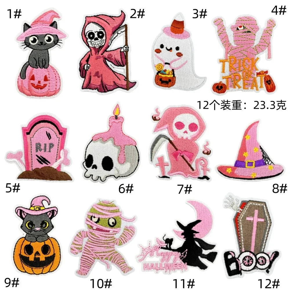 Detalle de parches bordados de calavera rosa estilo Halloween