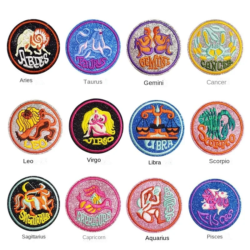 Parches del zodiaco bordados con purpurina, insignias redondas
