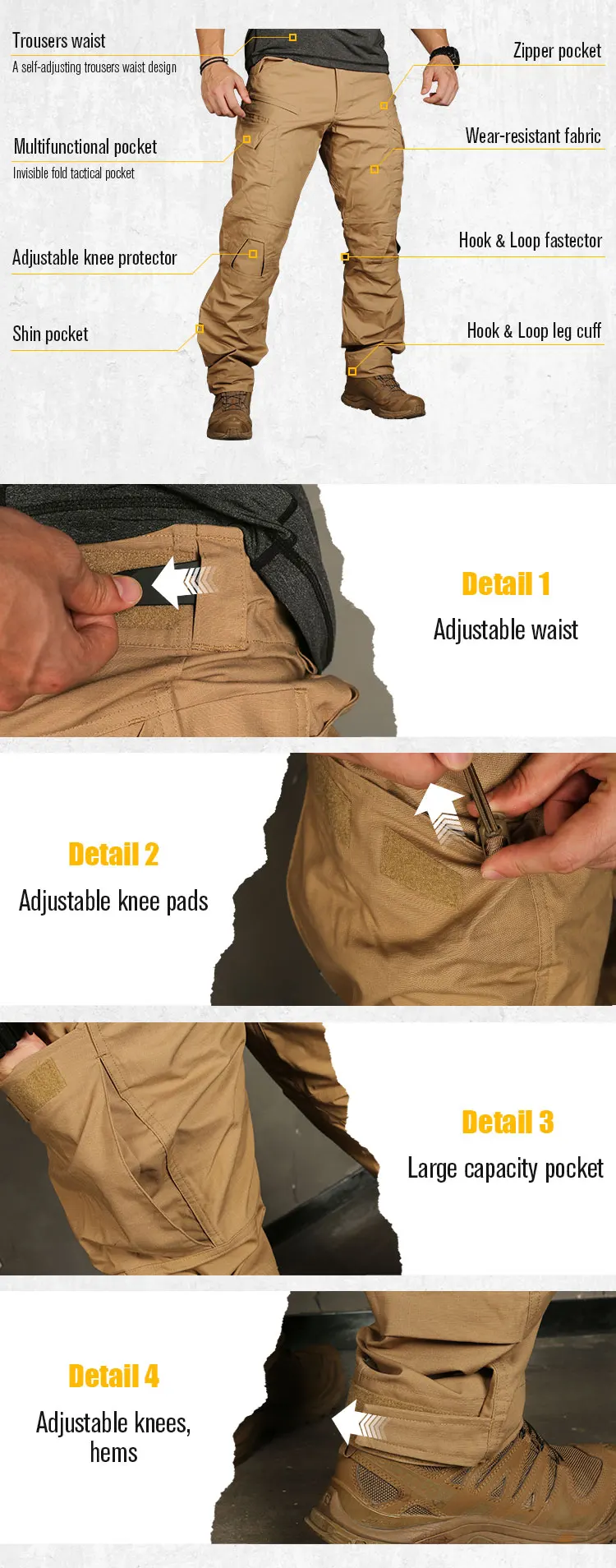 Detalle de los bolsillos y el diseño cargo