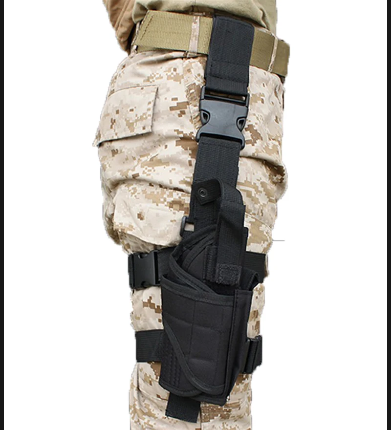Funda táctica sujetando pistola al muslo