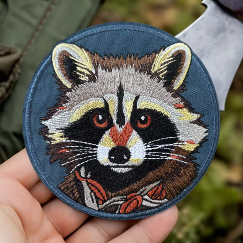 Parche bordado “Raccoon” con detalle visible