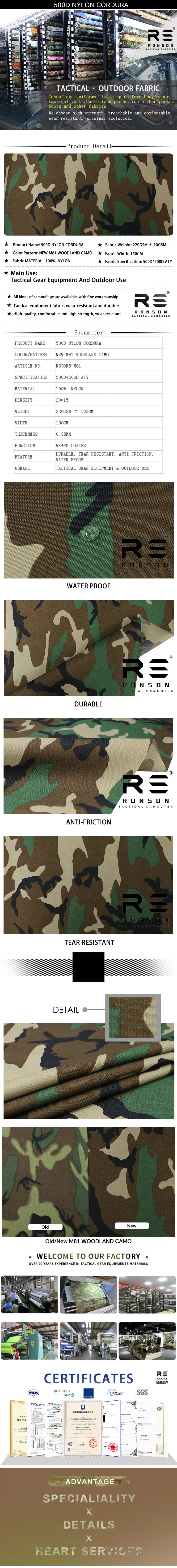 Cordura de Nylon 500D en camuflaje M81 selva, con acabado resistente al agua