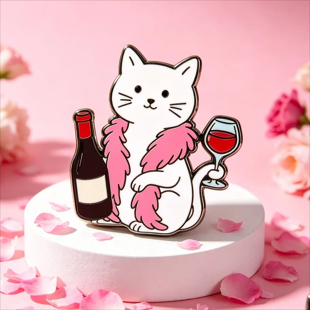 Insignias de esmalte gatito blanco bebiendo vino para bolsos y ropa - imagen 2