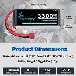 TERANTY Baterías LiPo 2S 3300mAh 60-80C con XT60 para RC