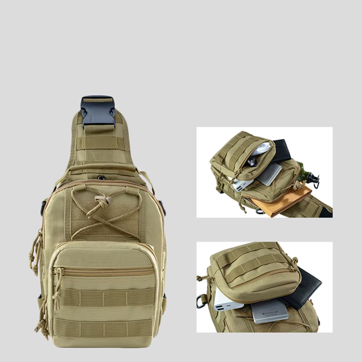 Bolso cruzado visto de perfil mostrando diseño táctico