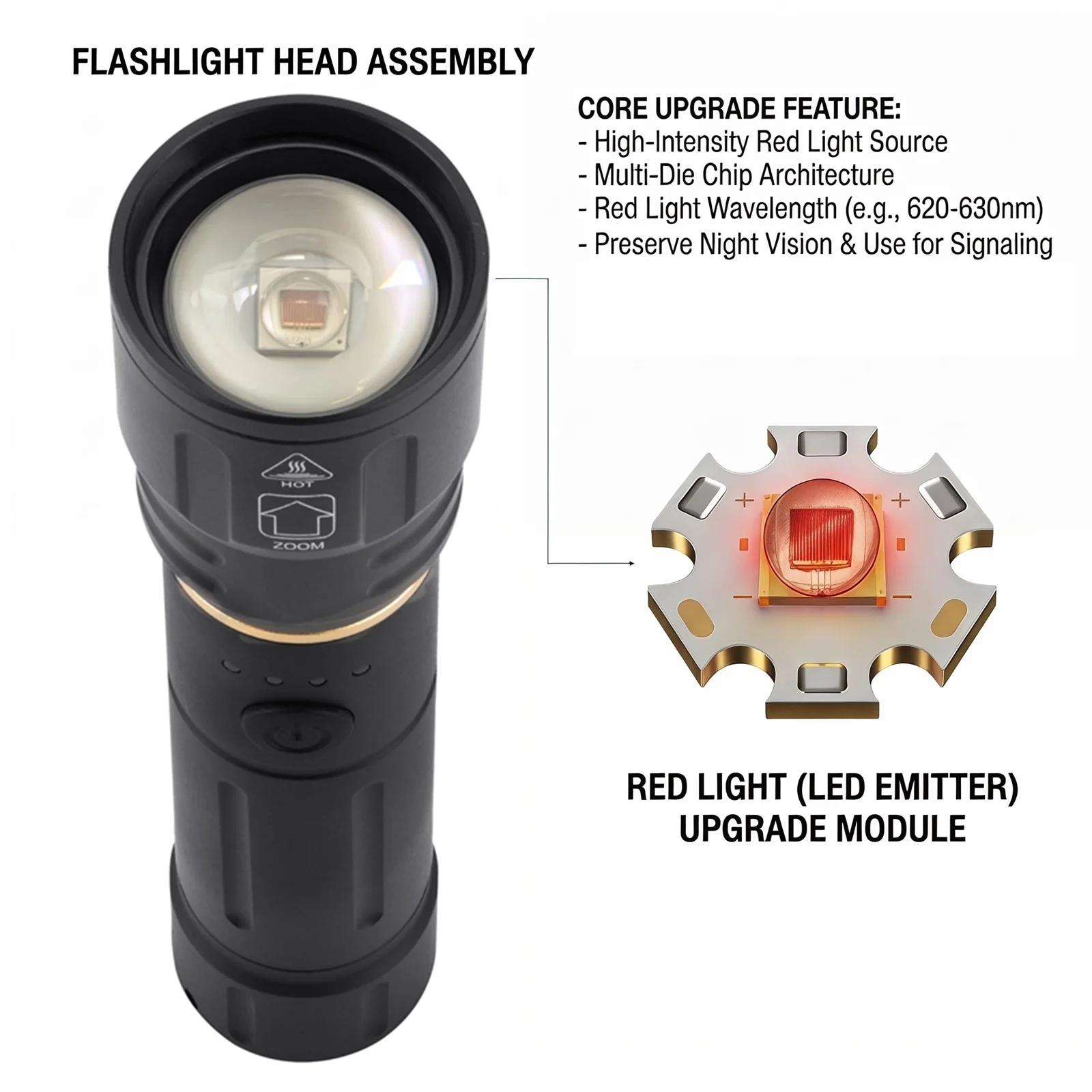 Linterna LED roja Alonefire Zoom USB recargable de aluminio - imagen 2