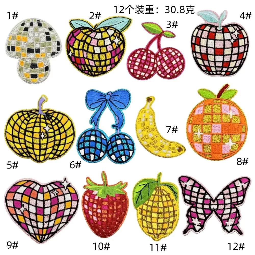 Apliques bordados de frutas con purpurina y borde plateado