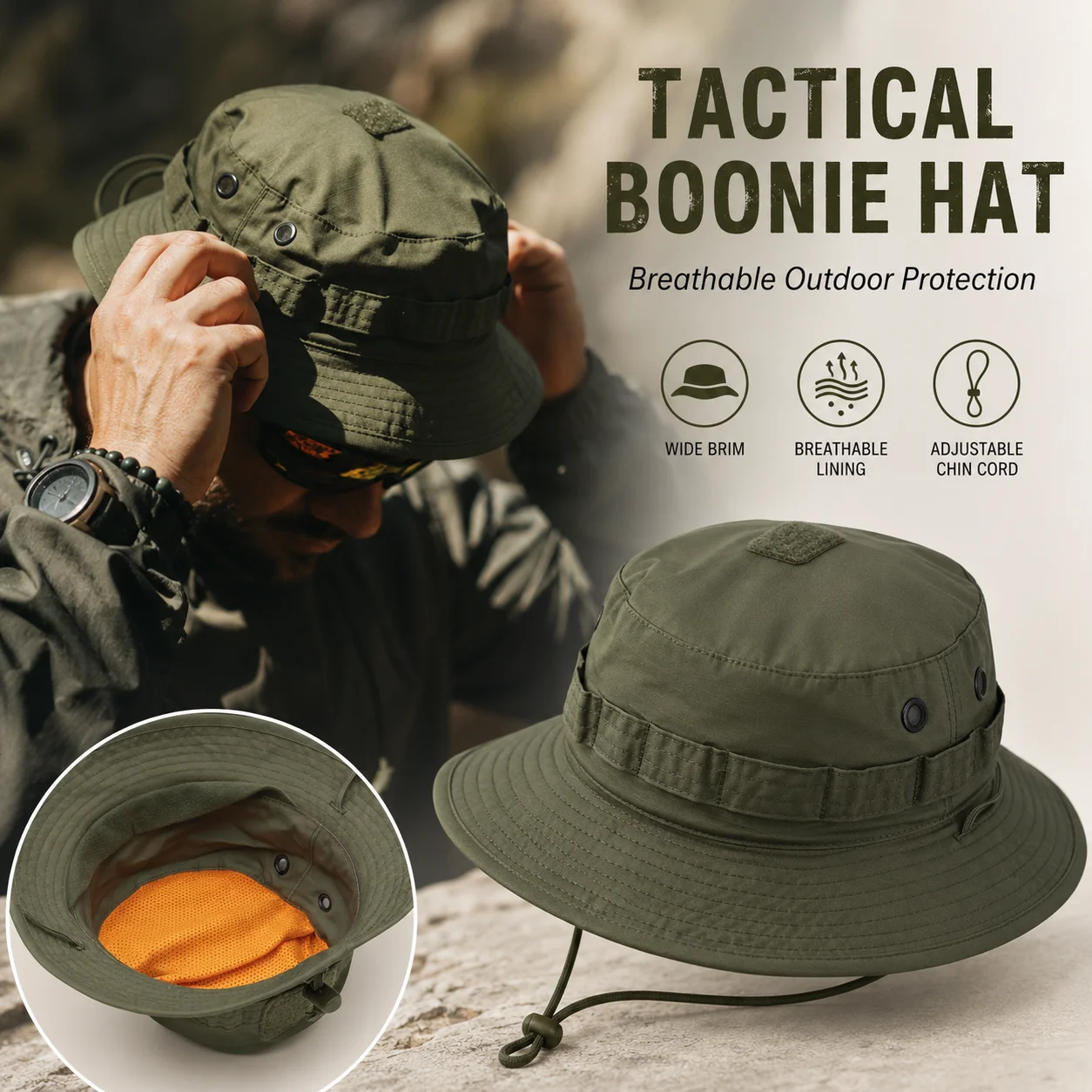 Sombrero Boonie Táctico con Malla Transpirable y Cordón Ajustable - imagen 3