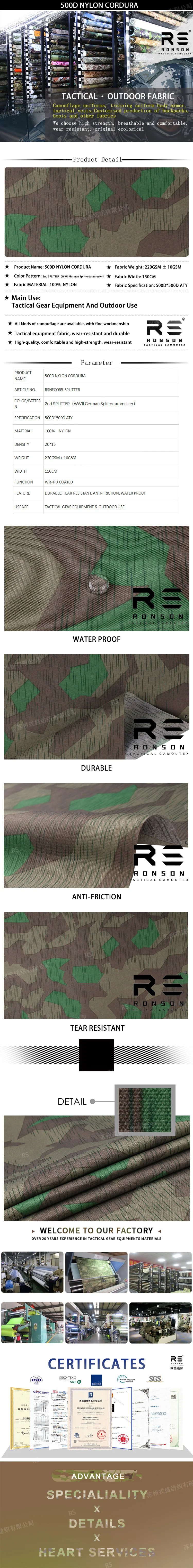 Mochila táctica de nailon Cordura 500D con camuflaje Splinter y acabado resistente al agua