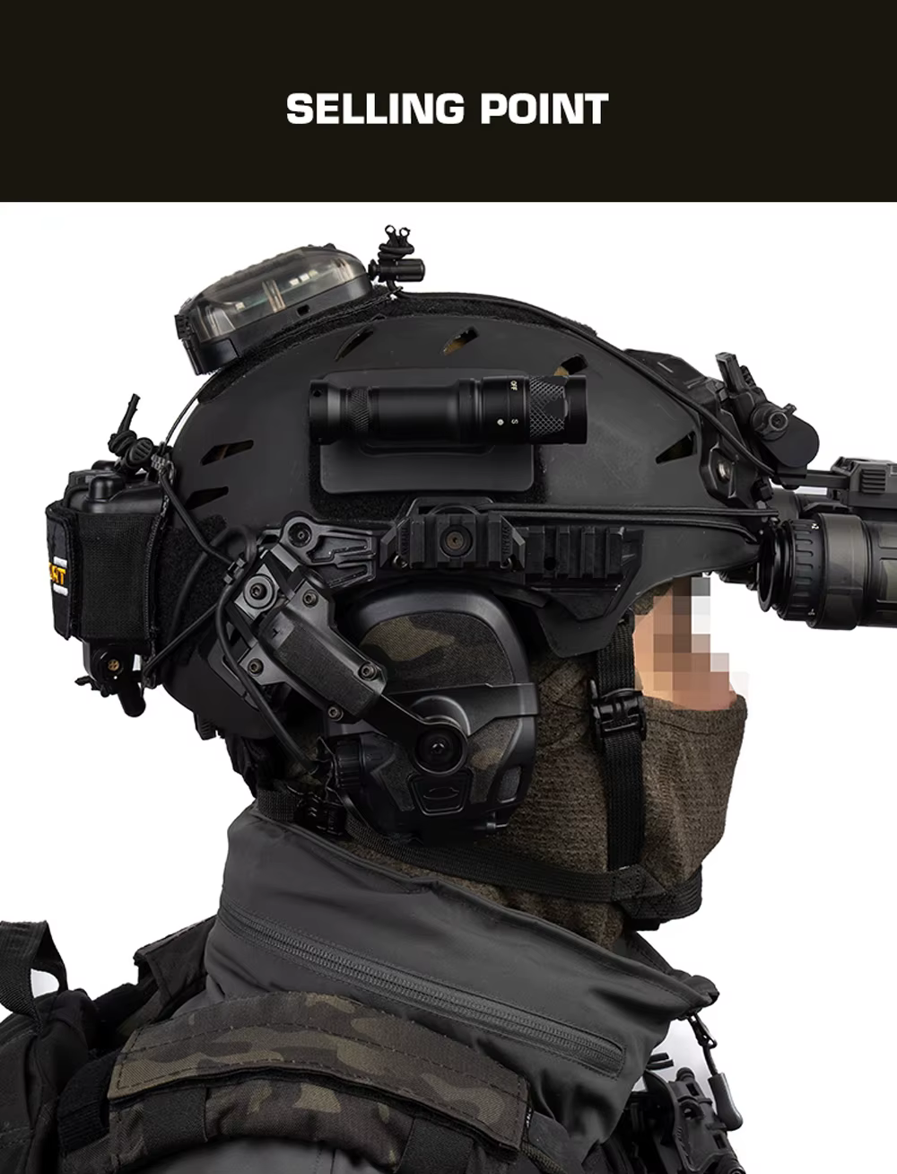 Detalle del soporte y su enfoque táctico para casco